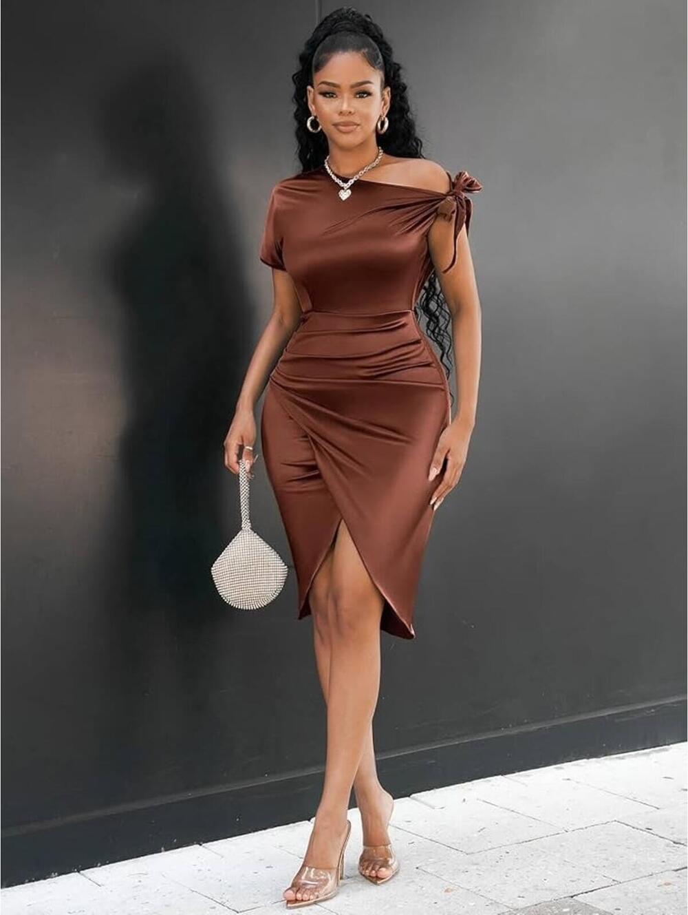 Women - Satin Asymmetrical Neck Knot Ruched Wrap Hem Bodycon Dress 3X